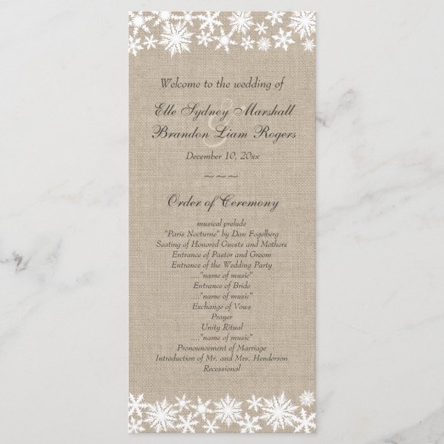 Winter Lace on Burlap Wedding Program Programme (Front)