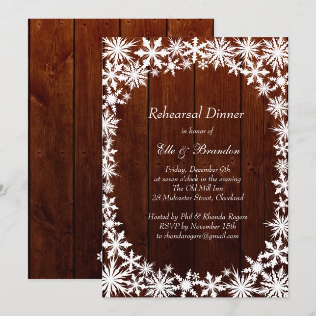 Winter Lace on Dark Wood Rehearsal Dinner Invite (Front/Back)