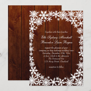 Winter Lace on Dark Wood Wedding Invitation