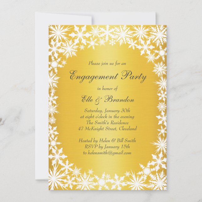 Winter Lace on Gold Engagement Party Invitation (Front)
