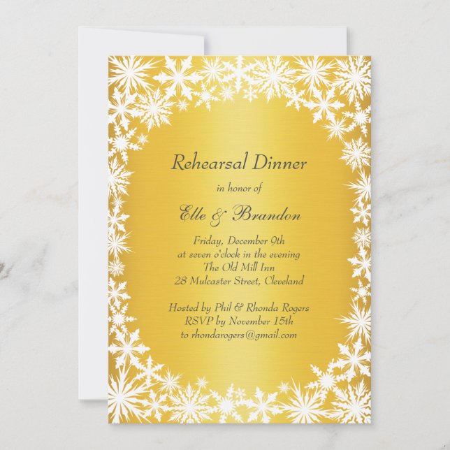 Winter Lace on Gold Rehearsal Dinner Invitation (Front)