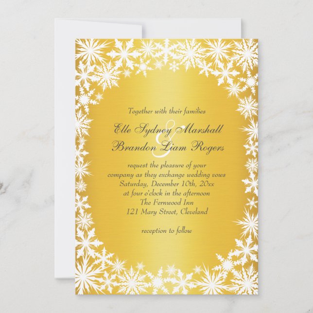 Winter Lace on Gold Wedding Invitation (Front)