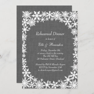 Winter Lace on Grey Linen Rehearsal Dinner Invite