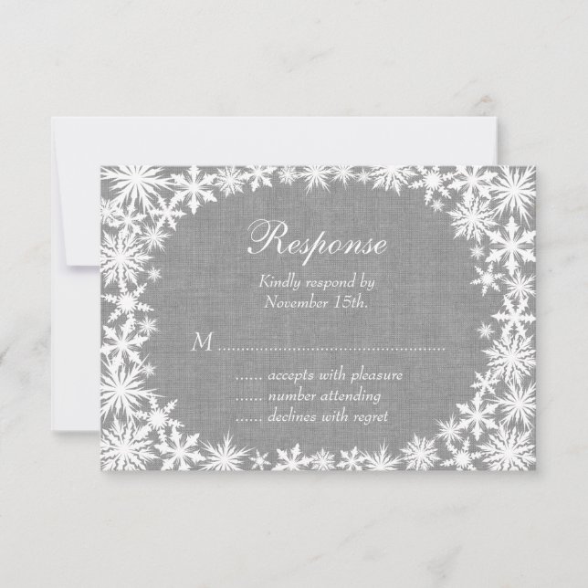 Winter Lace on Grey Linen RSVP Card (Front)