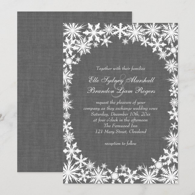 Winter Lace on Grey Linen Wedding Invitation (Front/Back)
