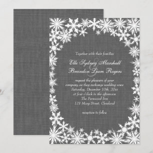 Winter Lace on Grey Linen Wedding Invitation