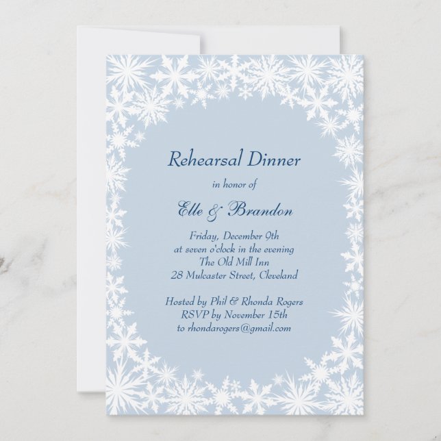 Winter Lace on Icy Blue Rehearsal Dinner Invite (Front)