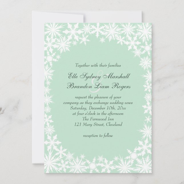Winter Lace on Mint Wedding Invitation (Front)