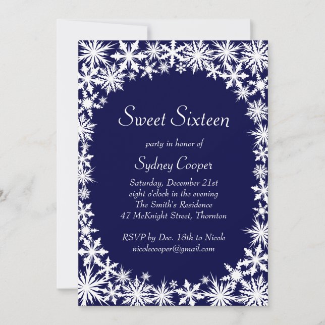 Winter Lace Sweet Sixteen Invitation -blue (Front)