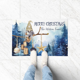 Winter Lady Gnome Blue Forest Merry Christmas Doormat