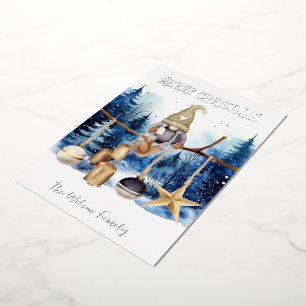 Winter Lady Gnome Blue Forest Merry Christmas Foil Holiday Card