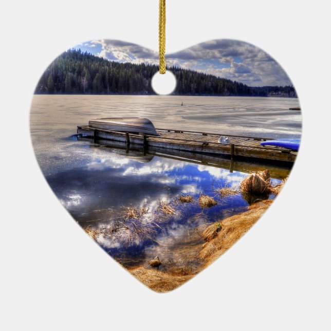 Winter Lake and Kayak Wilderness Landscape Ceramic Tree Decoration (Back)