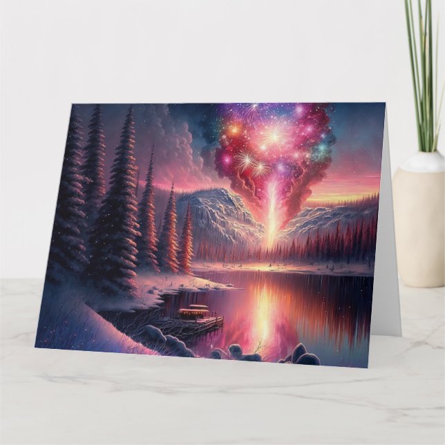 Winter Lake Fireworks Card (Front)