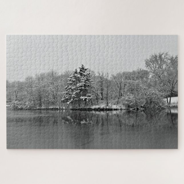 Winter Lake Serene Scene Black, White Photography Jigsaw Puzzle (Horizontal)