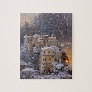 Winter land, Castle In Snow, Retro Castle Painting Jigsaw Puzzle