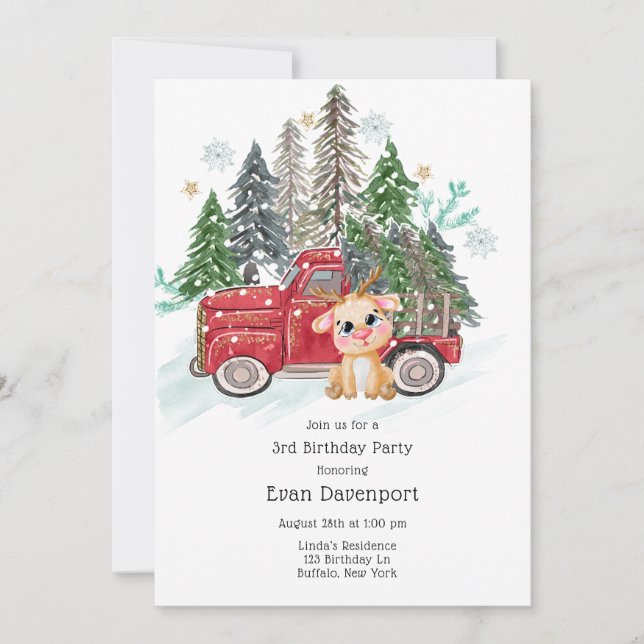 Winter land Truck and Baby Rudolph Birthday Party Invitation (Front)