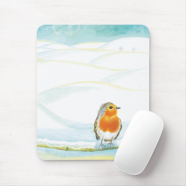 Winter Landscape and Red Robin  Mouse Mat (With Mouse)