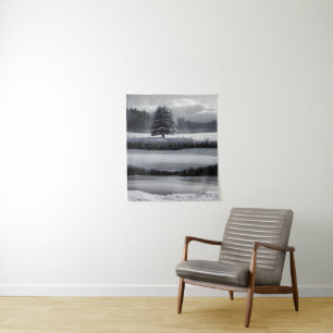 Winter landscape and tree, black and white - art tapestry