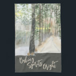 Winter Landscape Baking Spirits Bright Tea Towel<br><div class="desc">Winter Landscape kitchen towel,  lettered with "Baking Spirits Bright" in trendy script typography. This rustic country design has a watercolor scene of a tree-lined woodland path with warm glowing lanterns and a country cabin.</div>