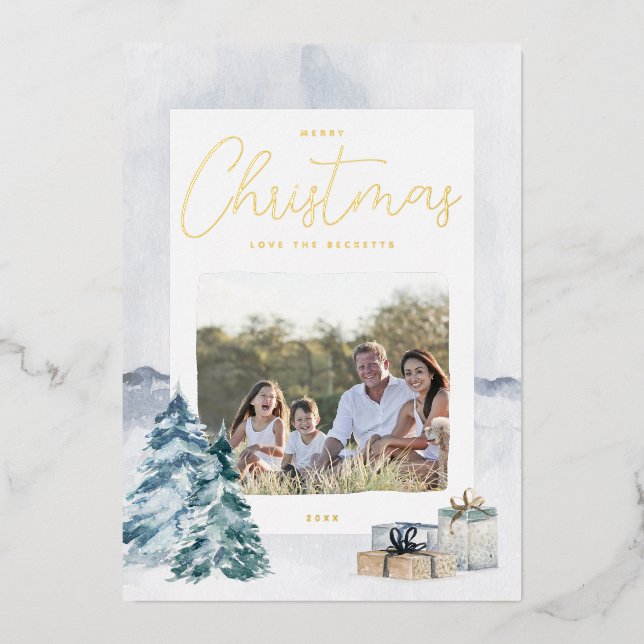 Winter Landscape Christmas Photo Foil Holiday Card (Front)