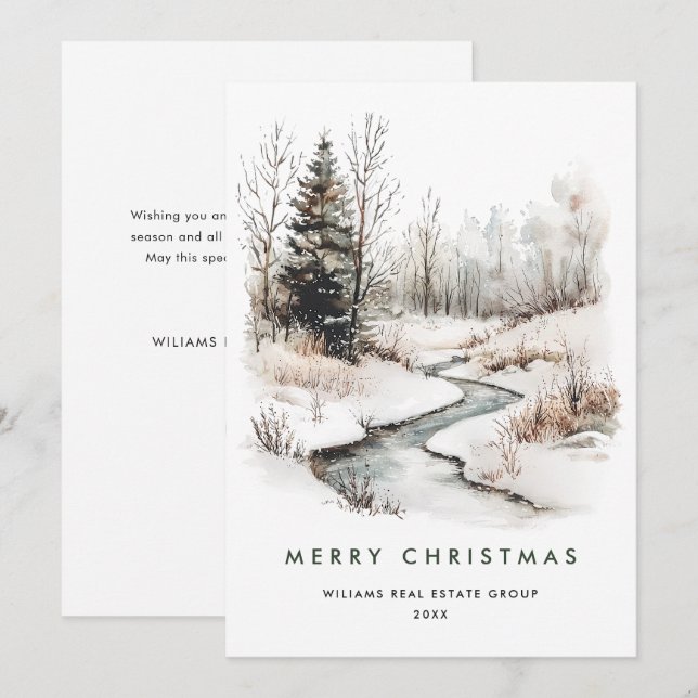 Winter Landscape Christmas Pine Tree Corporate Holiday Card (Front/Back)