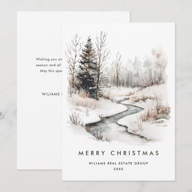 Winter Landscape Christmas Pine Tree Corporate Holiday Card (Front/Back)
