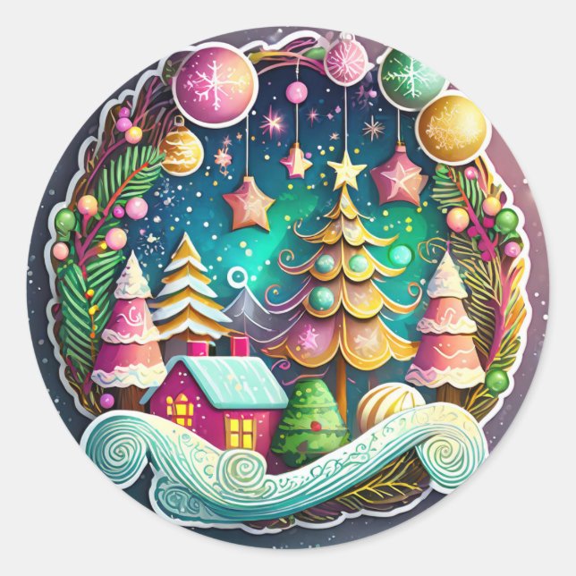 Winter Landscape Christmas Wreath Classic Round Sticker (Front)