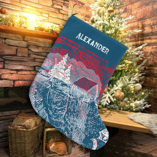 ❄ Winter Landscape Engraved Illustration  Large Christmas Stocking