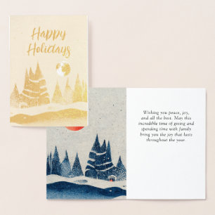 Winter Landscape Forest Moon Navy Blue Drawing Foil Card