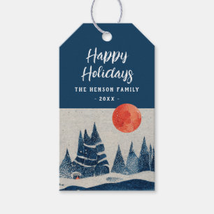 Winter Landscape Forest Moon Navy Blue Drawing  Gift Tags