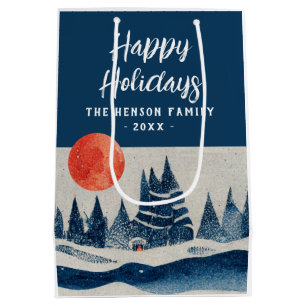 Winter Landscape Forest Moon Navy Blue Drawing  Medium Gift Bag