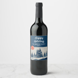 Winter Landscape Forest Moon Navy Blue Drawing  Wine Label