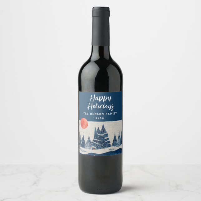 Winter Landscape Forest Moon Navy Blue Drawing  Wine Label (Front)