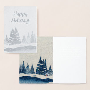 Winter Landscape Forest Navy Blue Drawing Foil Card