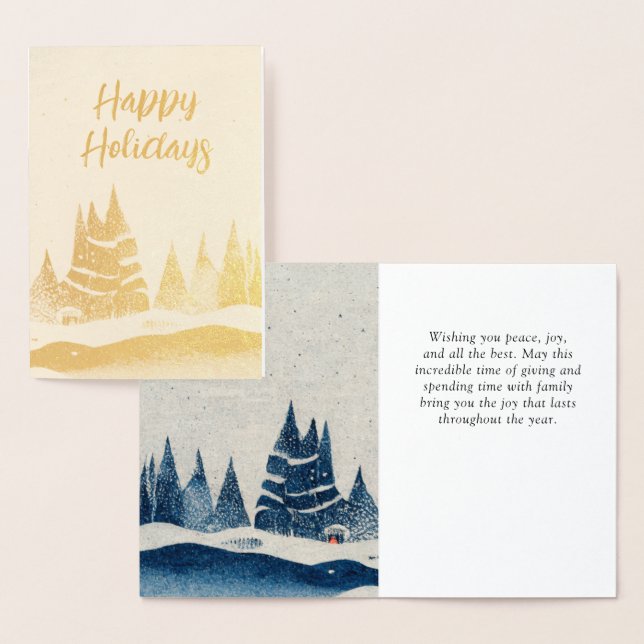 Winter Landscape Forest Navy Blue Drawing  Foil Card (Display)