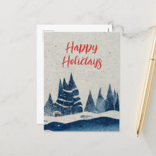 Winter Landscape Forest Navy Blue Drawing  Holiday Postcard