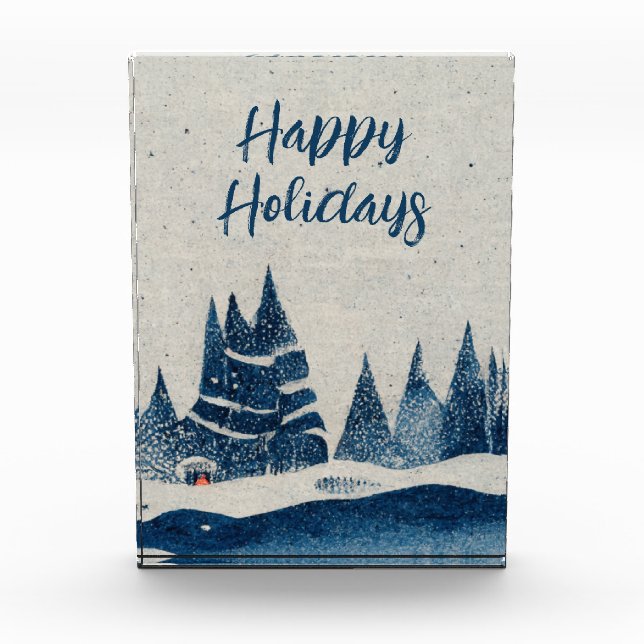Winter Landscape Forest Navy Blue Drawing Photo Block (Front)