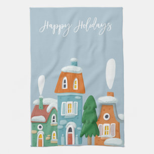 Winter Landscape houses Whimsical Holdiay Tea Towel