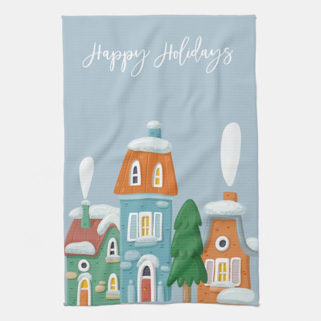Winter Landscape houses Whimsical Holdiay Tea Towel (Vertical)
