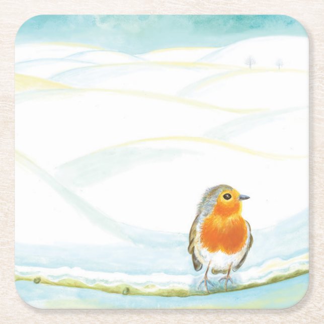 Winter Landscape Illustration With Robin   Square Paper Coaster (Front)