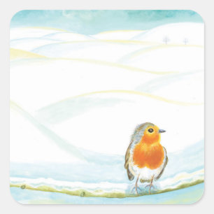 Winter Landscape Illustration With Robin Square Sticker
