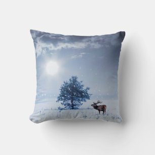 Winter landscape in blue colour. Lonely tree and w Cushion