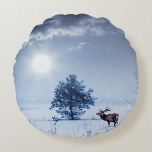 Winter landscape in blue colour. Lonely tree and w Round Cushion