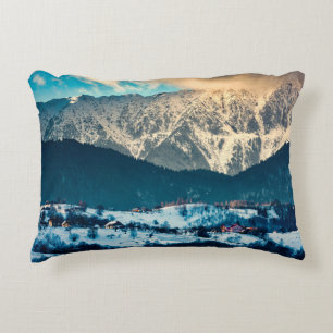 Winter landscape in Carpathian Mountain. Bran, Rom Decorative Cushion