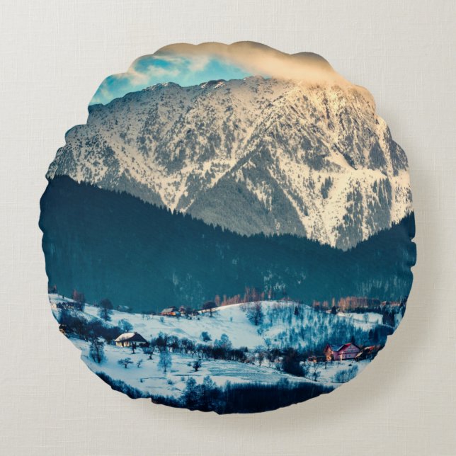 Winter landscape in Carpathian Mountain. Bran, Rom Round Cushion (Front)