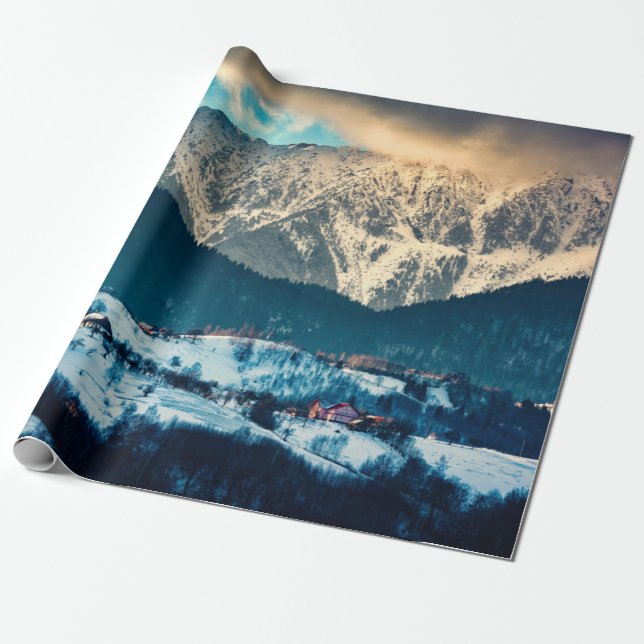 Winter landscape in Carpathian Mountain. Bran, Rom Wrapping Paper (Unrolled)