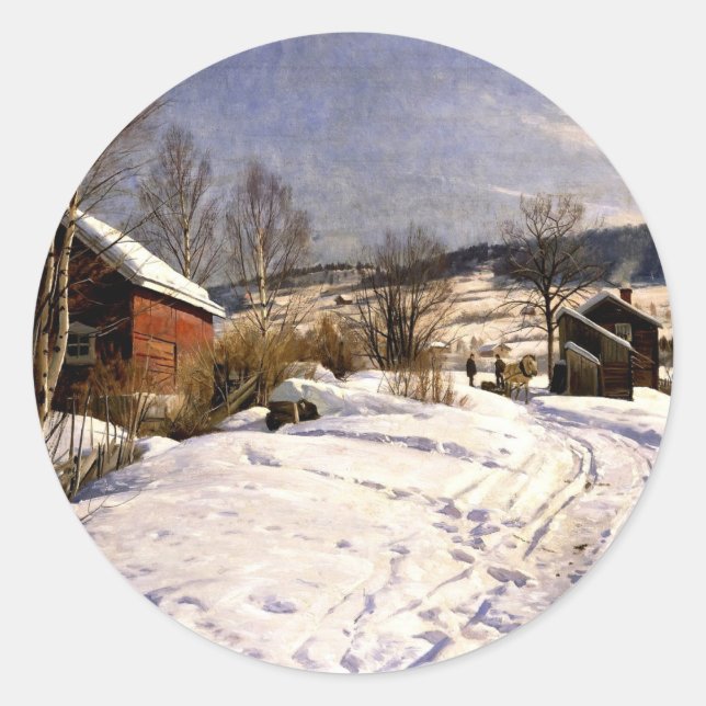 Winter Landscape in Lillehammer, fine art painting Classic Round Sticker (Front)