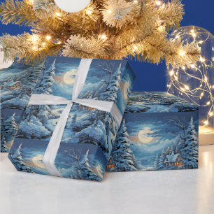 Winter Landscape Log Cabin Pine Trees River Wrapping Paper