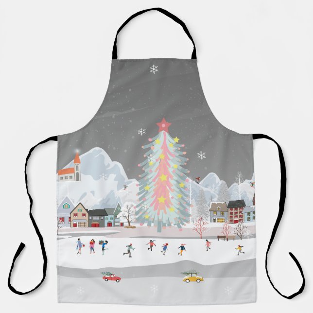 Winter landscape: night village celebration. apron (Front)