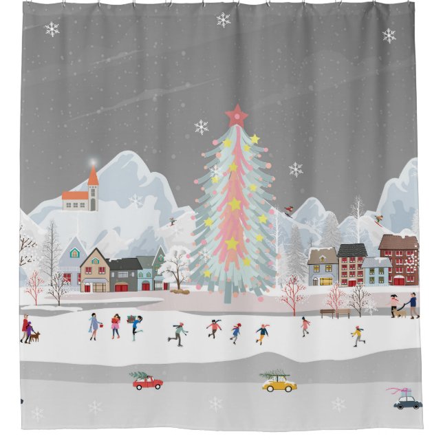 Winter landscape: night village celebration. shower curtain (Front)